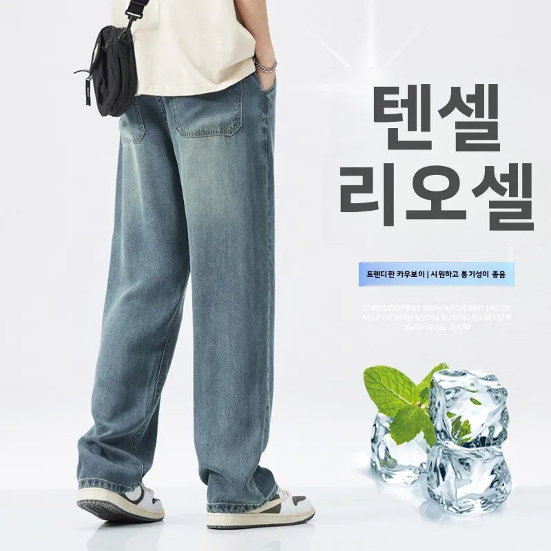 Lyocell Summer New Straight Jeans Men's Fashion Vintage Y2k Pants Streetwear Male Loose Casual Male Wide Denim Trousers baggy