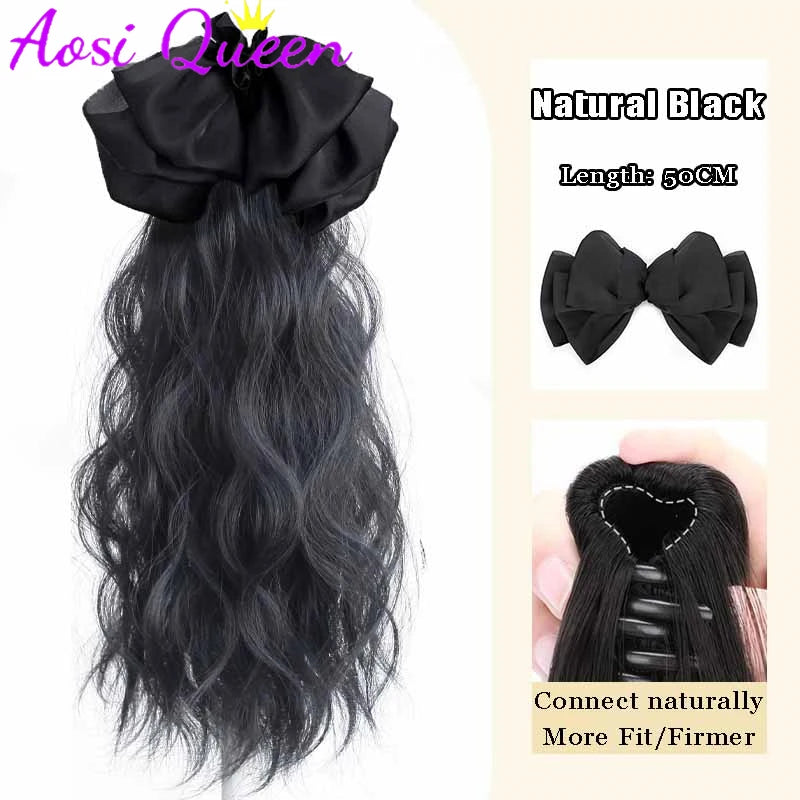 AOSI Synthetic Bow Wig Ponytail Female Clamping Style Long Straight Hair High Ponytail Long Hair Braided Straight Ponytail