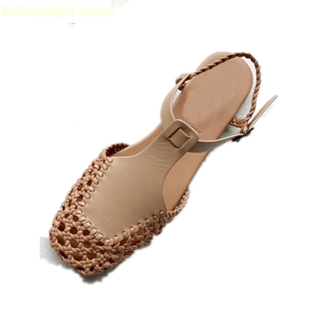 Flat Genuine Leather Woven Sandals Women's Hemp Rope Square Toe Summer Roman Shoes Singback Solid Color Fashion Shoes