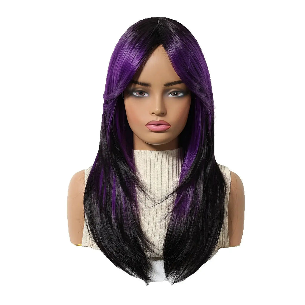 EASIHAIR Purple Synthetic Wigs for Women Long Straight Layered Hair Wigs With Side Bangs Ombre Purple Black Wigs Heat Resistant