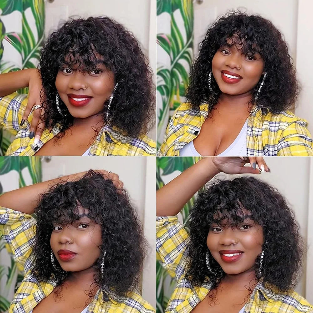 Curly Bob Wig With Bangs Short Bob Curly Wig for Women Natural Color Brazilian Human Hair Deep Wave Bob Wig With Bangs 16 Inch