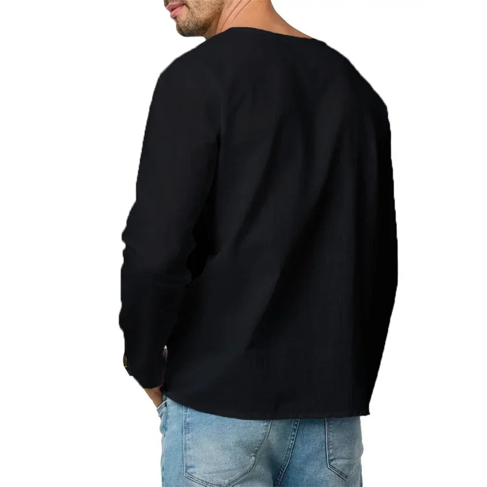 Men's Cotton Linen Long Sleeve T-Shirt Breathable V-neck Casual Slim Fit Solid Color Lightweight Male Casual Cozy Tees