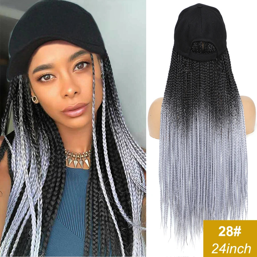 Synthetic Hat Wig Baseball Cap with Braiding Hair 24inch Long Braids Wigs Women Girls Daily Wear Ombre Blue Grey Brown Blonde