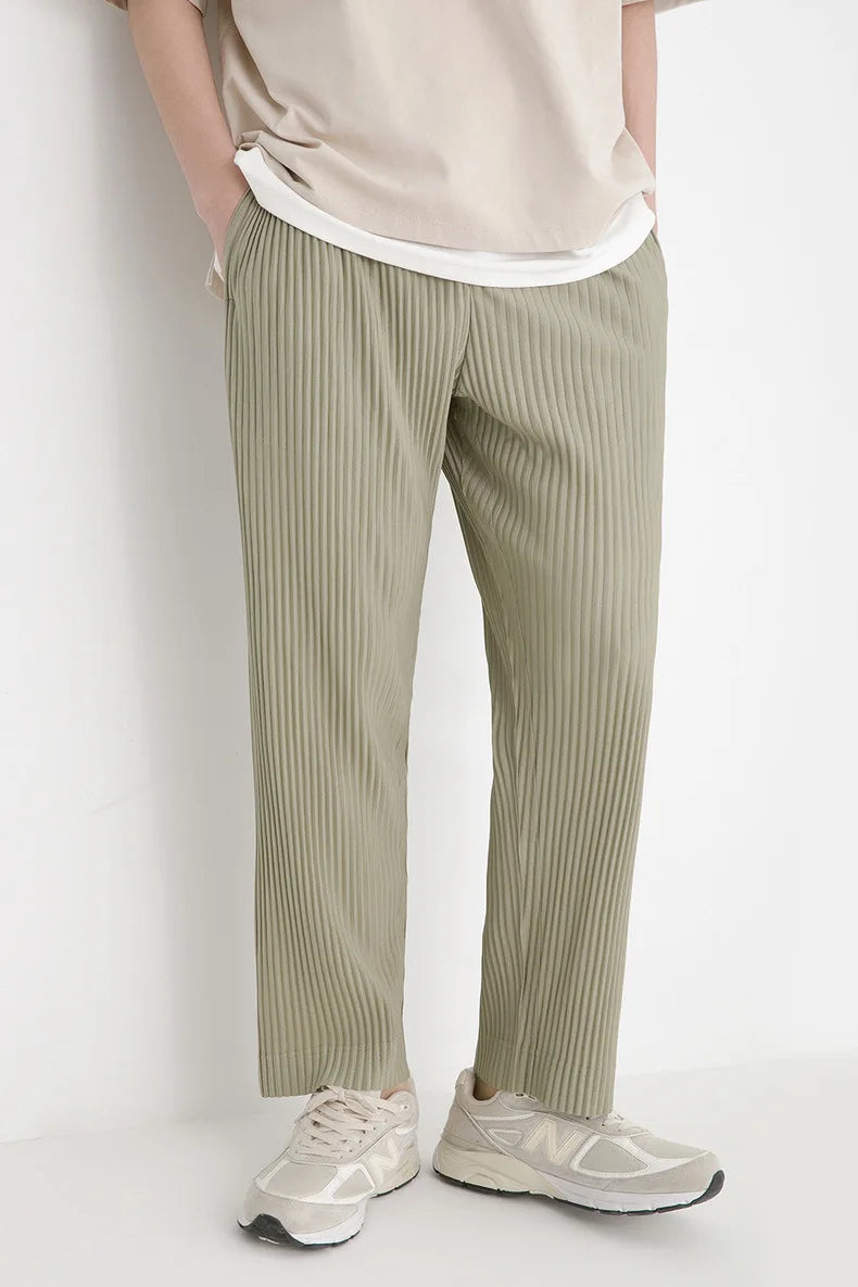 Pleats Pleated Commuter Pants Men's 2024 Autumn New Draped Elastic Trousers Casual Japanese Men Solid Color Nine Minute Pants