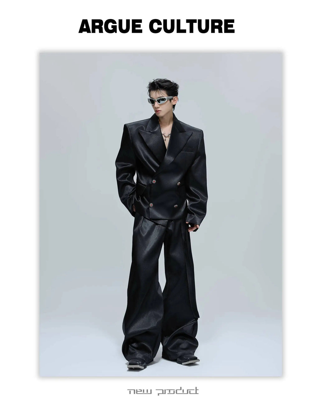 FEWQ Niche Design Men's Suit Sets Lapel Double Breatsed Silhouette Glossy Blazers Wide Leg Belt Chc Button Male Trousers 24K6098