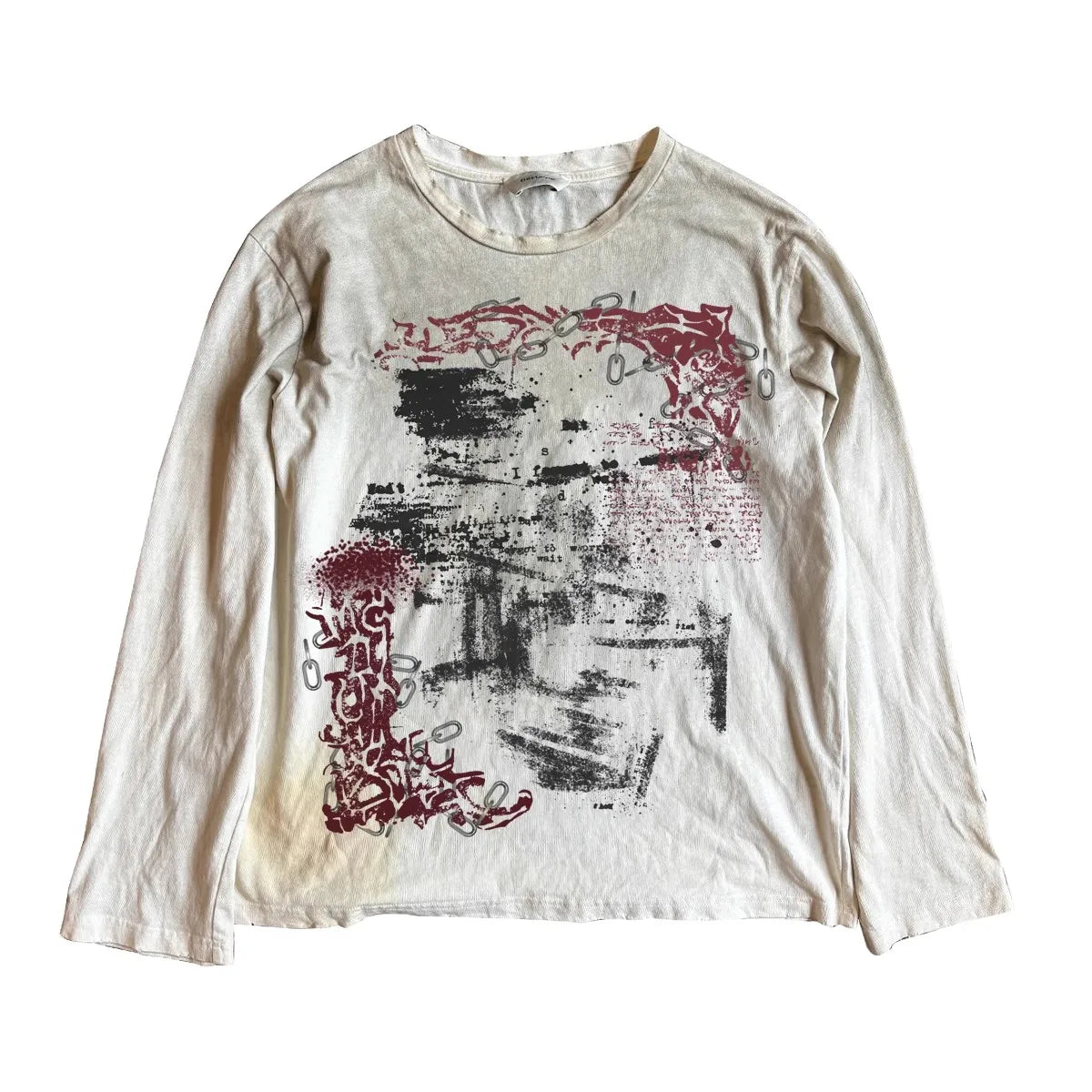 Vintage Washed Long Sleeves T-Shirt Summer Graffiti Printed Destroyed Dirty T Shirt Hip Hop Streetwear Cotton Tops Tees