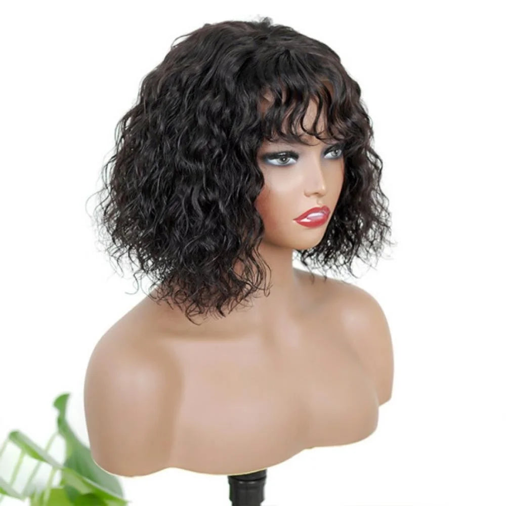Curly Bob Wig With Bangs Short Bob Curly Wig for Women Natural Color Brazilian Human Hair Deep Wave Bob Wig With Bangs 16 Inch