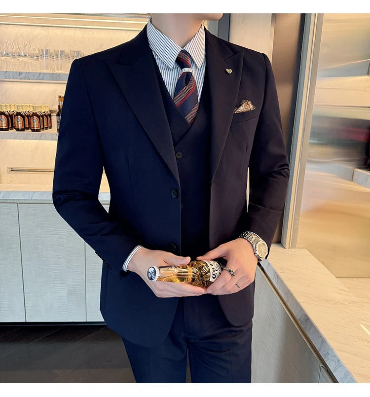 Slim-Fit Three-Piece Set Korean Style Two-Button Groomsmen Formal Wedding Business Suit Handsome Groom Best Man Dress High-