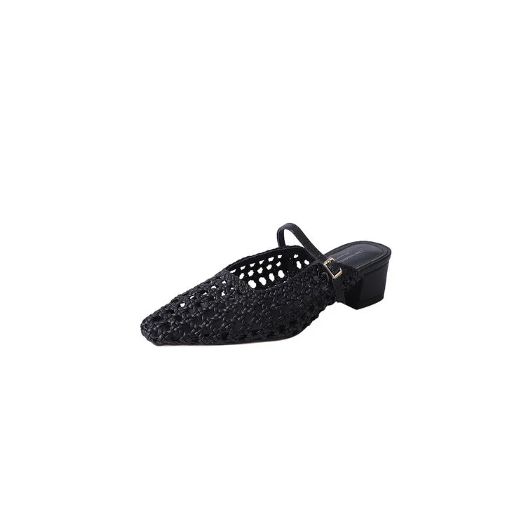 NEW Summer Women Mules Fabric Shoes for Women Pointed Toe Chunky Heel Shoes Cover Toe Slingback Shoes Soft Hollow Modern Sandals