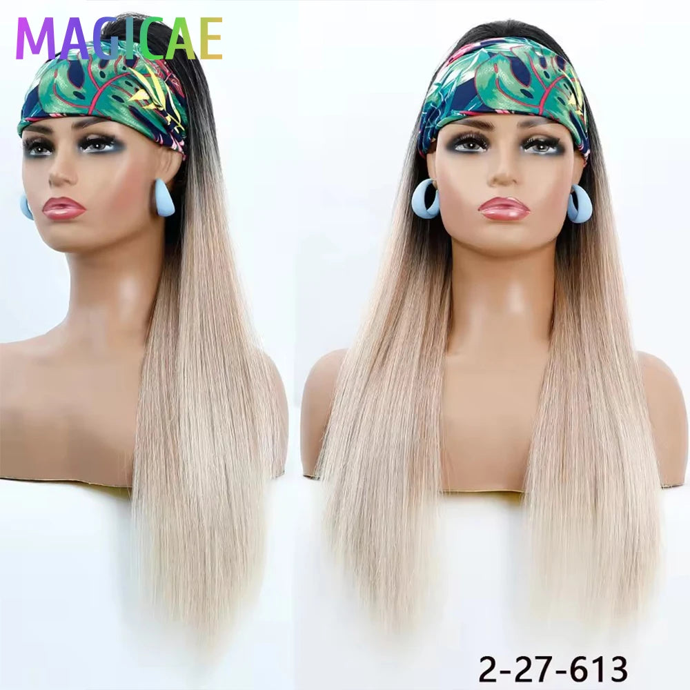 28Inch Straight Ponytail Blond Highlight 12/613 Ombre Brown Hair Extension With Clip 180Gram High Temperature Bio Synthetic Hair