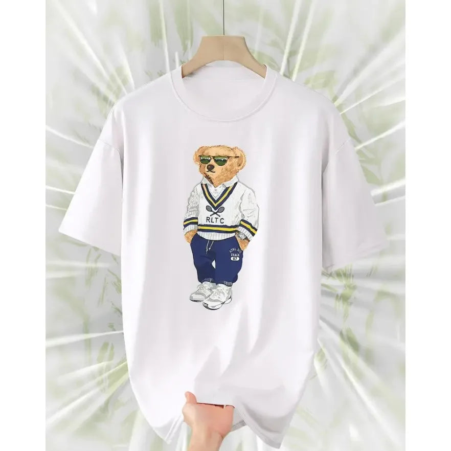 Men's Fashion Loose Round Neck T-shirt Casual Street Style with Teddy Bear Graphic Printed Short Sleeve Perfect Gift for Him
