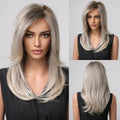 ALAN EATON Long Straight Layered Synthetic Wigs with Bangs Blonde Highlights on Brown Wigs for Black Women Afro Daily Party Hair