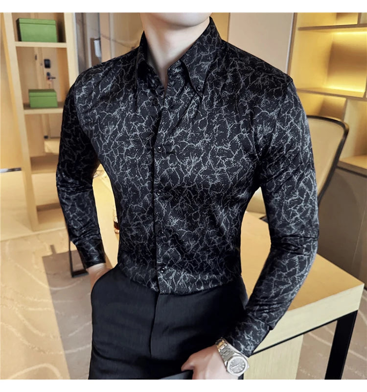 Men Dress Shirt 2024 Solid Casual Long Sleeve Slim Fit Print Shirt Fashion Formal Social Banquet Tuxedo Wedding Men Clothing