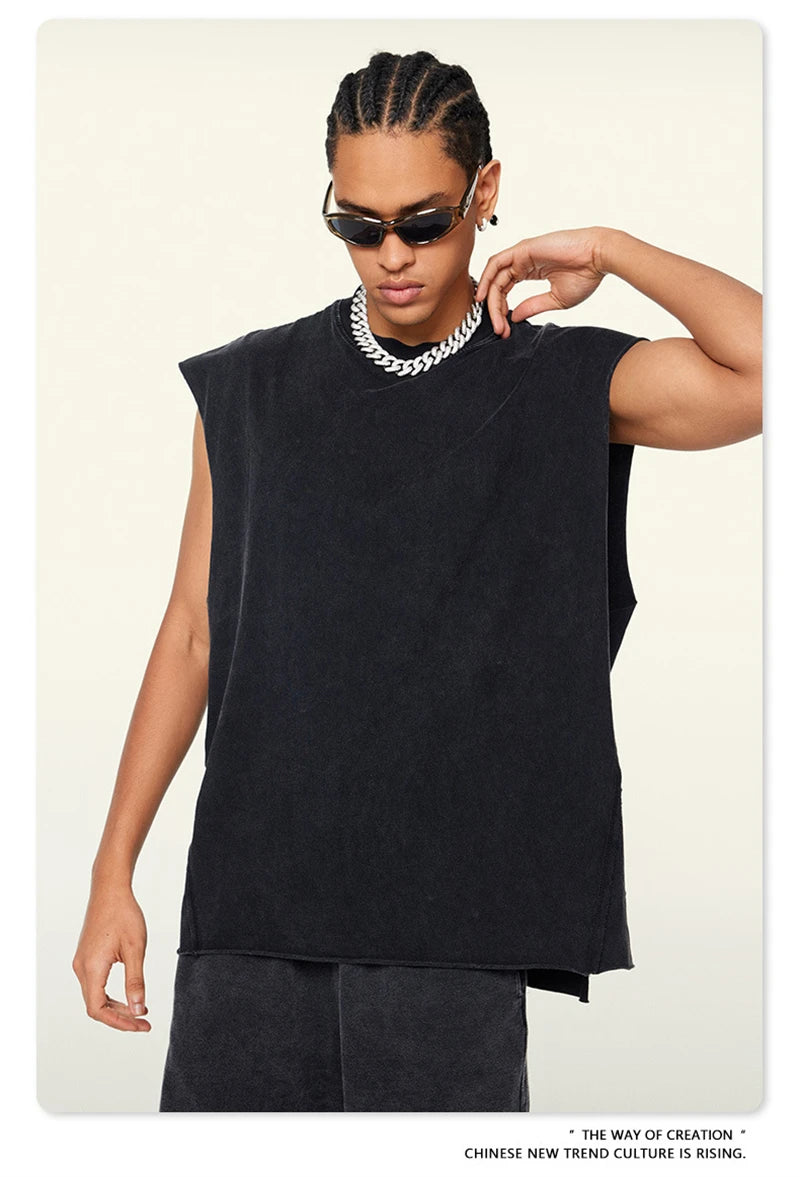 ZODF Vintage 2024 Washed 270gsm Cotton Tank Tops For Men Unisex Summer Relax Fit Slit Sleeveless Vest Streetwears HY0777