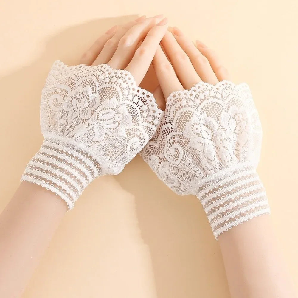 1 Pair Versatile Elegant Fake Cuffs Embroidery Pattern Detachable Lace Sleeves Solid Color Thin False Cuffs For Women