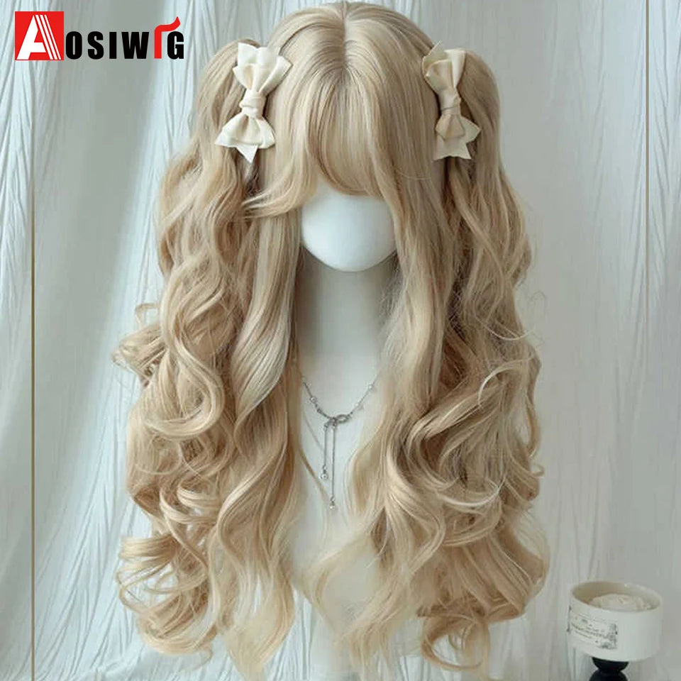 AOSI Synthetic Long Curly Wig Double Ponytail Cute Lolita Women Wigs Halloween Cosplay Style Blonde Brown Party Wig