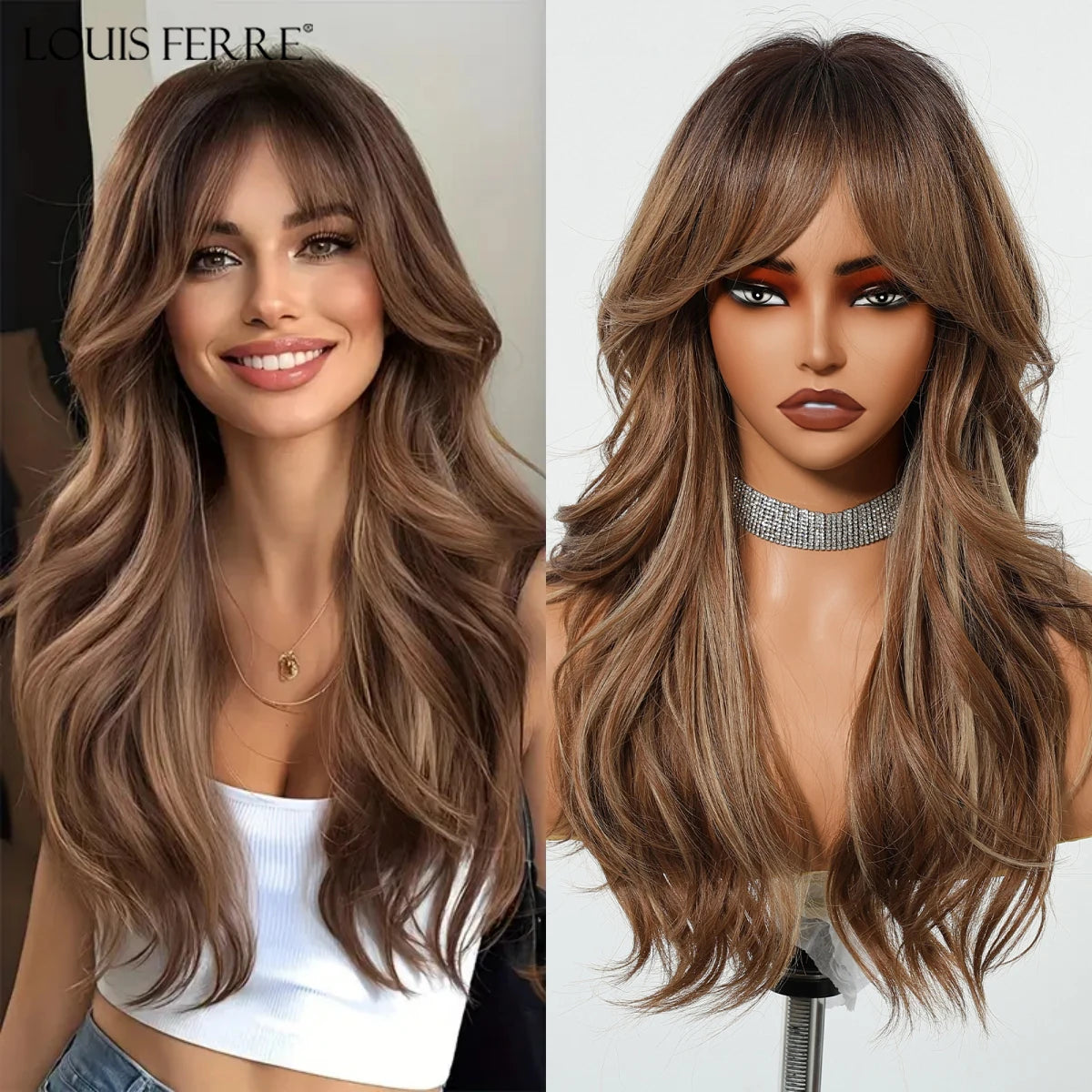 LOUIS FERRE Brown Blonde Highlights Wigs For Women Daily Long Wavy Curly Synthetic Wigs Natural Heat Resistant Hair With Bangs