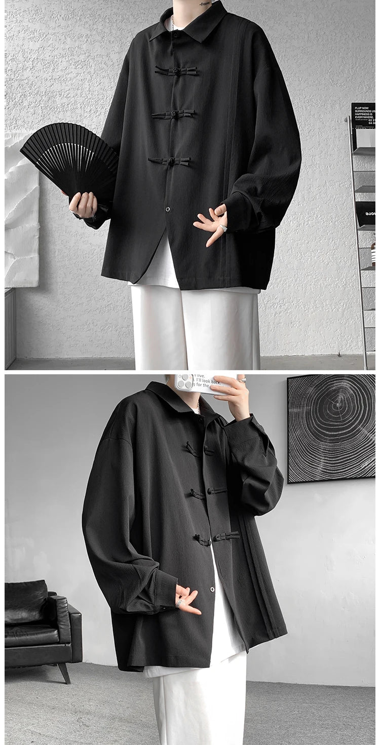 Men's Dial Buckle Solid Long Sleeve Shirt Chic Pleated Decor 2024 Spring New Loose Casual Traditional Chinese Style Clothing