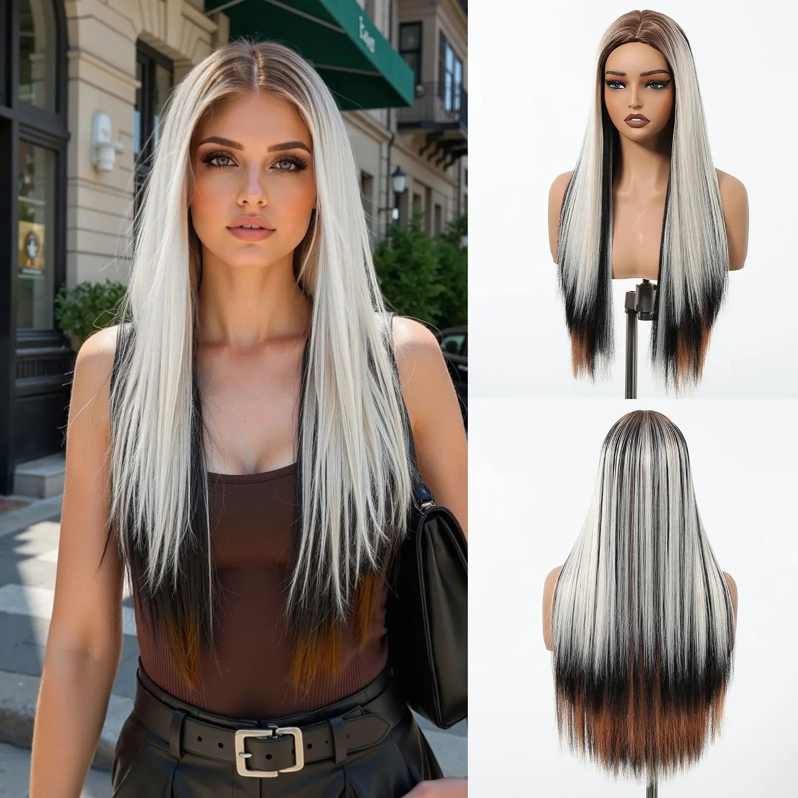 EASIHAIR Brown Straight Layered Wigs for Women Long Natural Hair Synthetic Wigs With Bangs Daily Use Party Heat Resistant Wigs