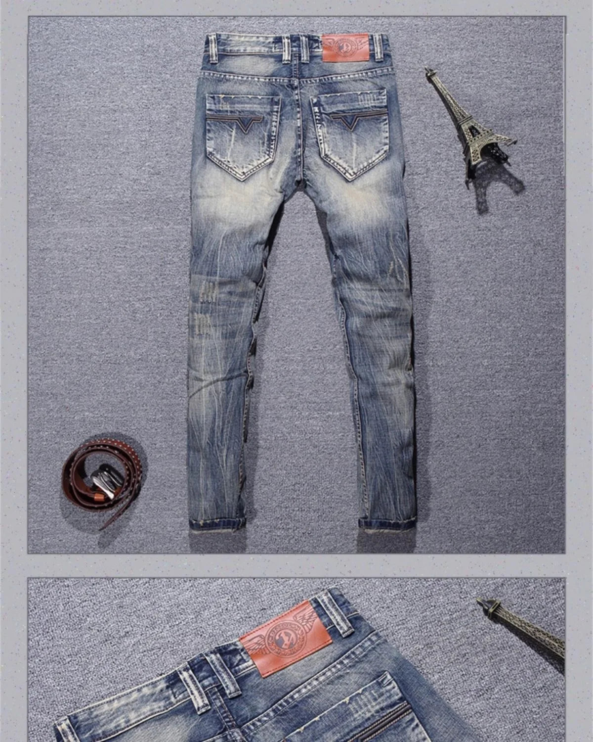 2023 Spring and Autumn New Classic Fashion Solid Color Ripped Small Foot Pants Men's Casual Comfort Elastic High Quality Jeans