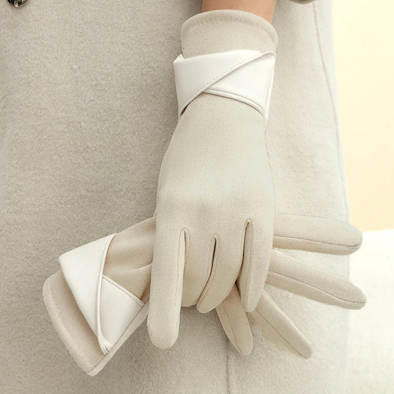 New Suede Gloves for Women Winter Plus Velvet Warm Commercial Style Temperament Bow Touch Screen Riding Driving