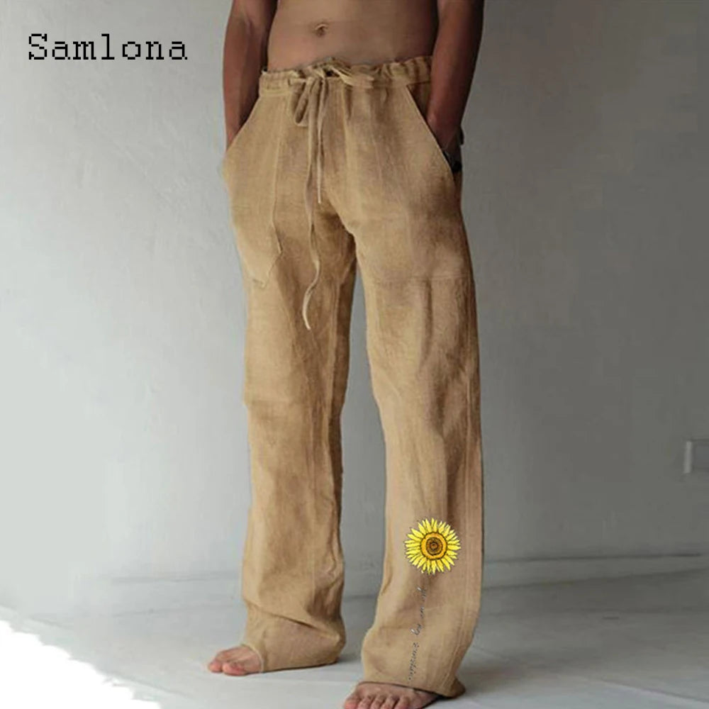 Samlona 2025 Men's Pocket Design Linen Pants Drawstring Loose Trouser Plus Size 3xl Mens Fashion Birds Feather Print Sweatpants