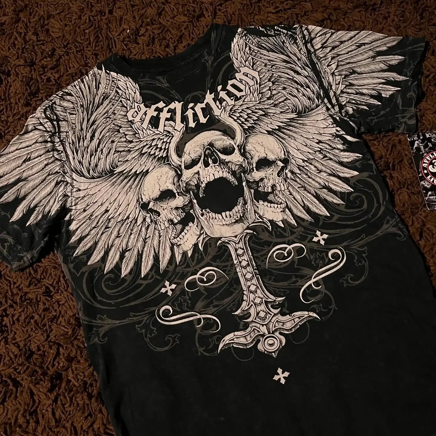 2000s Affliction Style Streetwear Tee Gothic Skull Cross Print Trendy Graphic T-shirts
