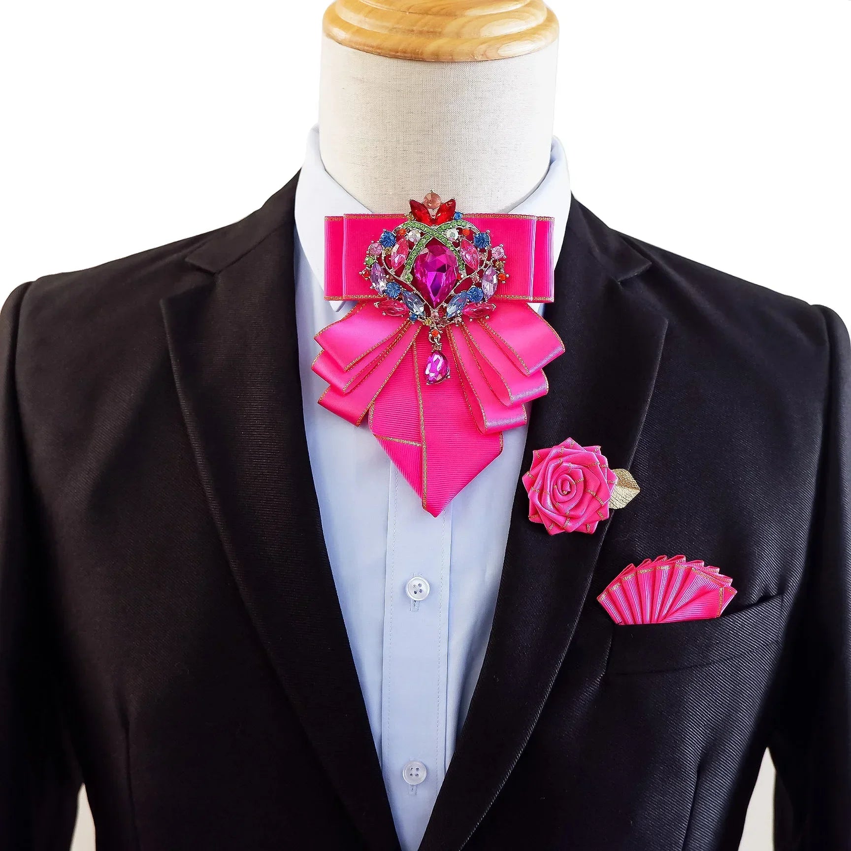 Vintage British Banquet Suit Shirt Collar Flowers Luxury French Men's Jewelry Bow Chest Clip 3-piece Set Wedding Bows Brooch Set