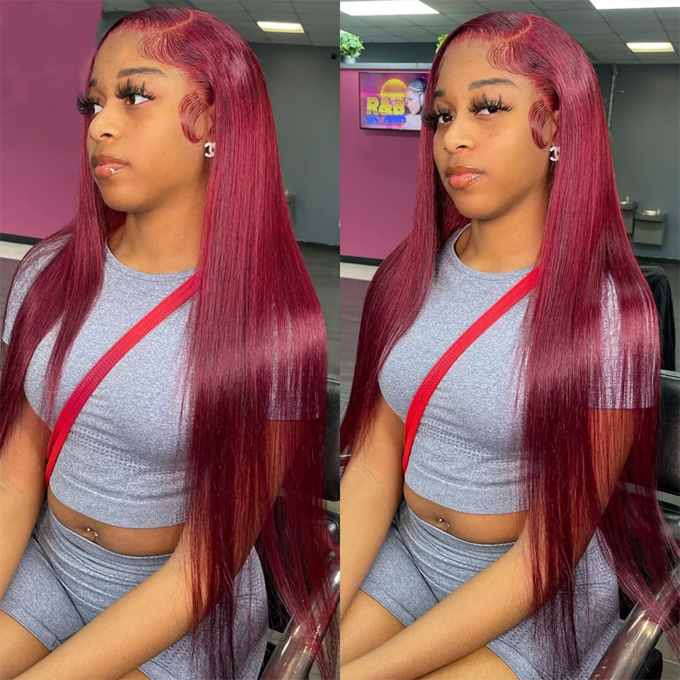 250 Density 99J Burgundy 13x6 Lace Frontal Human Hair Wigs Brazilian Colored 30 40 Inch Straight Red Lace Front Wigs Human Hair