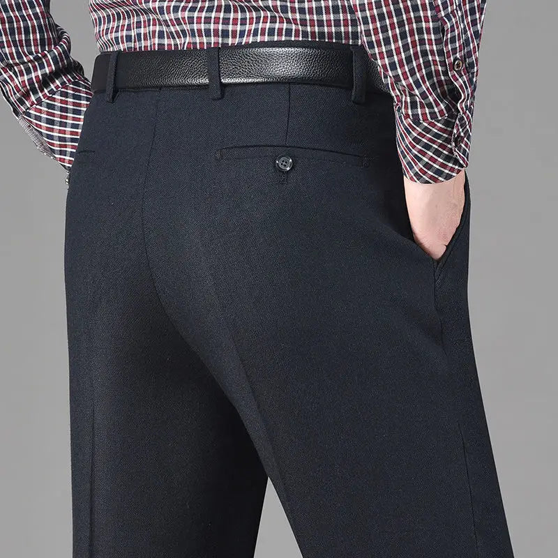 Vintage Autumn Winter Thicken Wool Fleece Suit Pants Men Middle Age High Waist Straight Loose Business Casual Straight Trousers