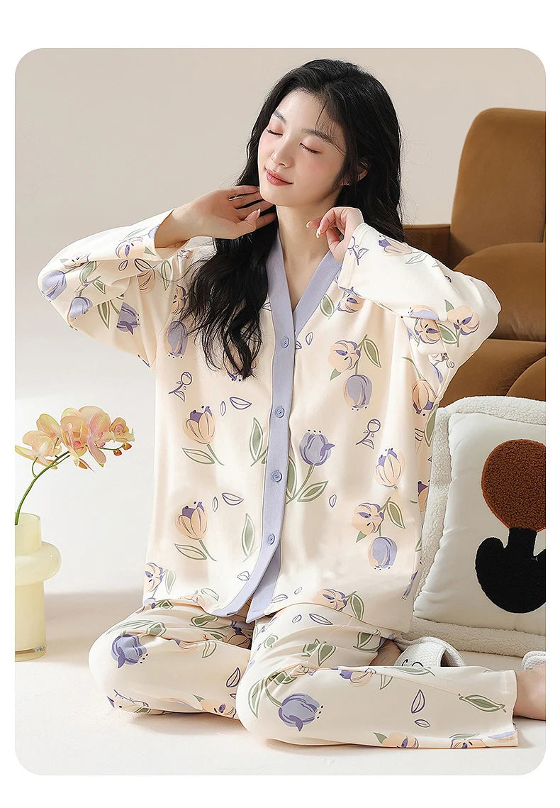 Y2k Women's 100% POLYESTER Pajamas with Cartoon Print Korean Fresh Ins Style Harajuku Lounges 2pcs 2024 New Spring/fall Homewear