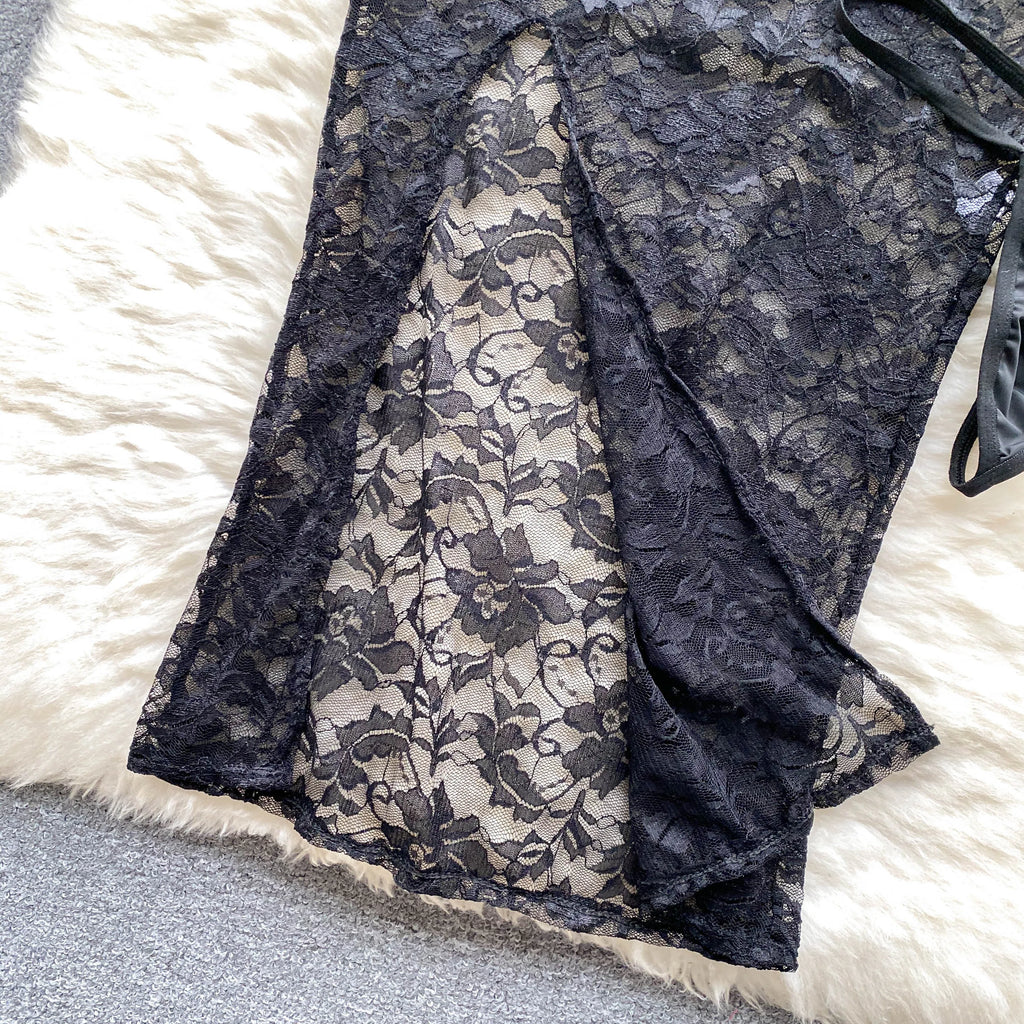 SINGREINY Summer France Sensual Night Dress Erotic Hollow Out Camis Lingerie Nightwear Women Split Slim Sheer Lace Pajamas Dress