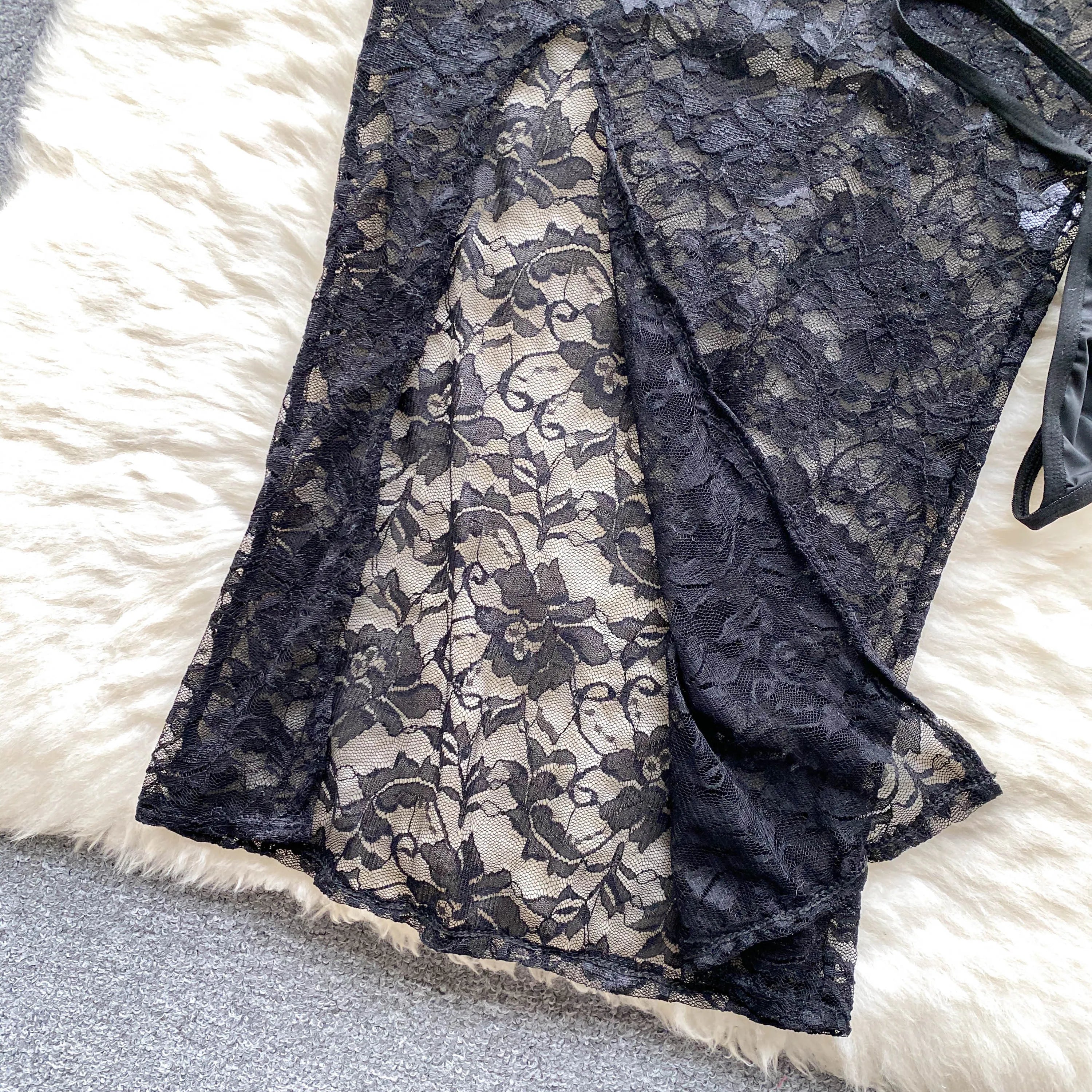 SINGREINY Summer France Sensual Night Dress Erotic Hollow Out Camis Lingerie Nightwear Women Split Slim Sheer Lace Pajamas Dress