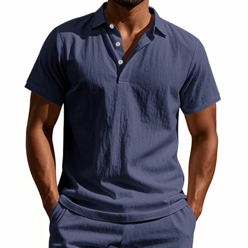 2025Summer New Men's Shirt British Style Loose Trendy Breathable Linen Casual Polo Collar Series POLO Shirt Short Sleeve