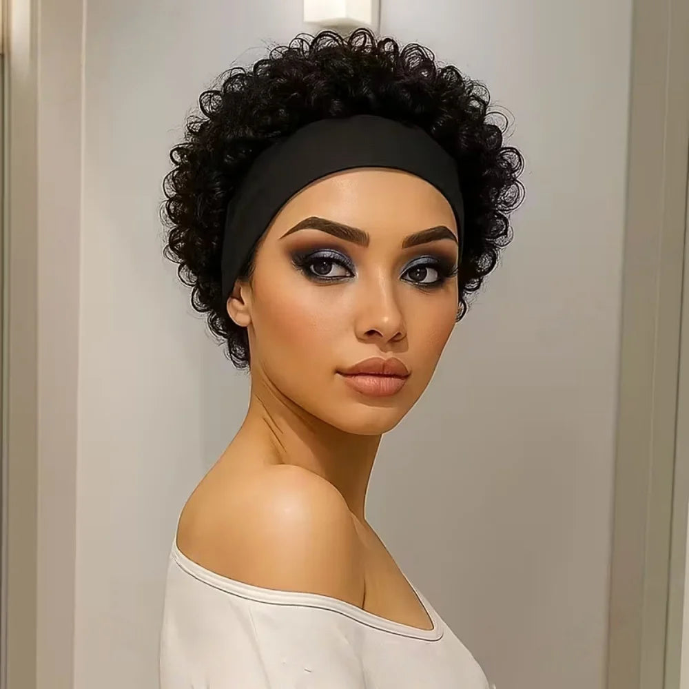 Short Pixie Cut Human Hair Headband Wig Curly Waves For Women Natural Look Wig Full Machine Made Wig