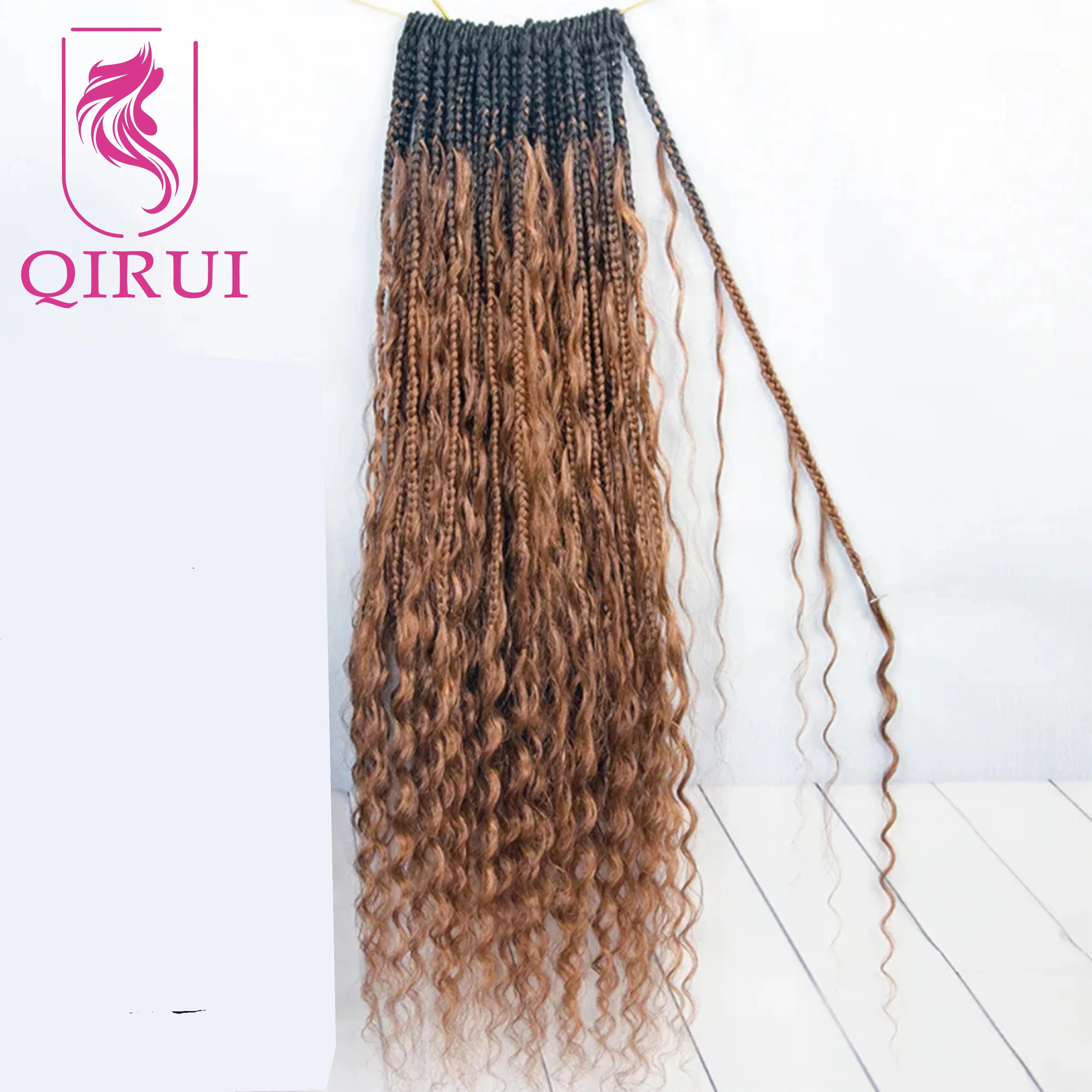 Ombre Brown #1B/30 Boho Crochet Box Braids with Human Hair Curls Deep Wave Pre Looped Box Braids Full Ends Hair Extensions