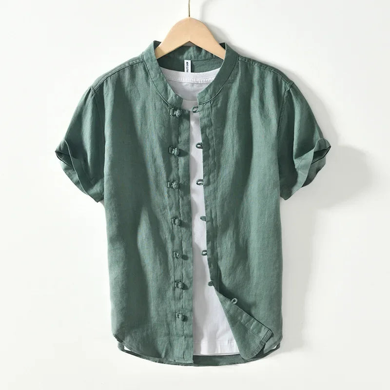 Summer New Casual Short Sleeve Shirts for Men Slim 100% Linen Streetwear Solid Color Men Clothing BL994