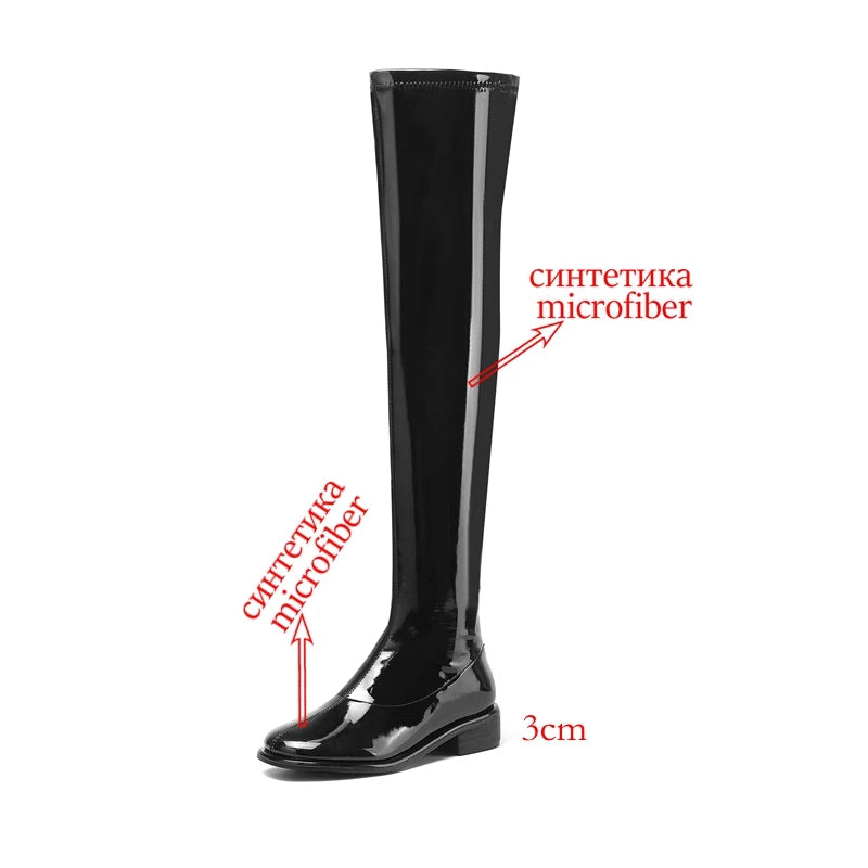 Krazing Pot Large Size 43 44 45 Microfiber Round Toe Chunky Med Heel Stretch Boots Winter Shoe Brand Fashion Over-the-knee Boots
