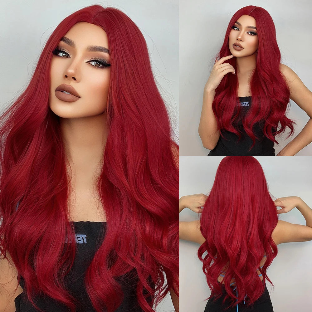 ALAN EATON Long Wave Dark Brown Synthetic Wigs for Black Women Middle Parted Wigs with Highlights Cosplay Hair Heat Resistant