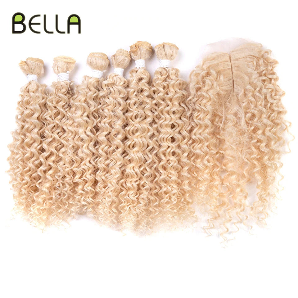 FASHION IDOL 16 18 20inch 240g/7pcs Afro Kinky Curly Hair Synthetic With Closure Ombre Color Kinky Curly Bundles Hair Extensions