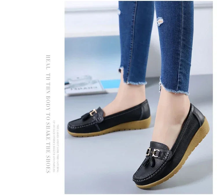 Spring Summer Breathable Casual Loafers For Women Platform Leather Comfort Wedge Moccasins Ladies Vulcanized Sneakers 44