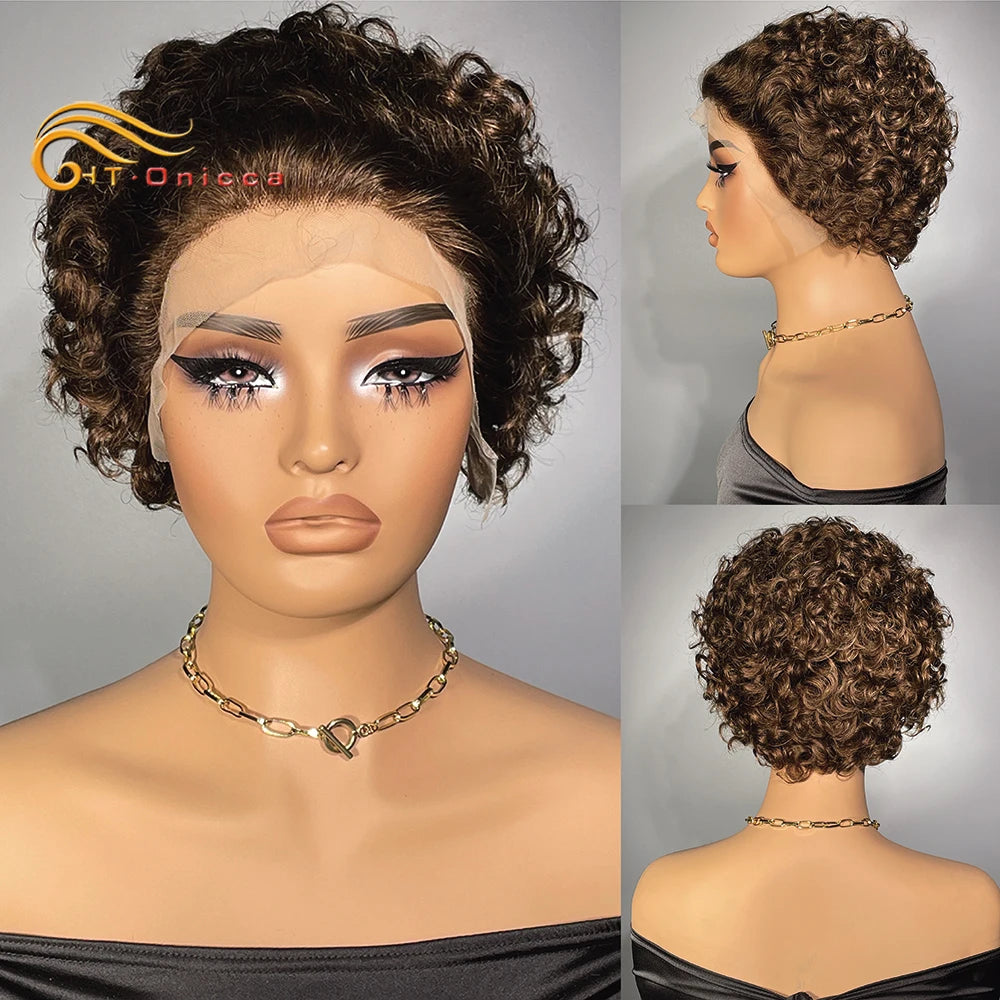 Curly Human Hair Wig Short Bob Pixie Cut Wig Human Hair For Women Brazilian Water Wave 13x1 Transparent Lace Wig