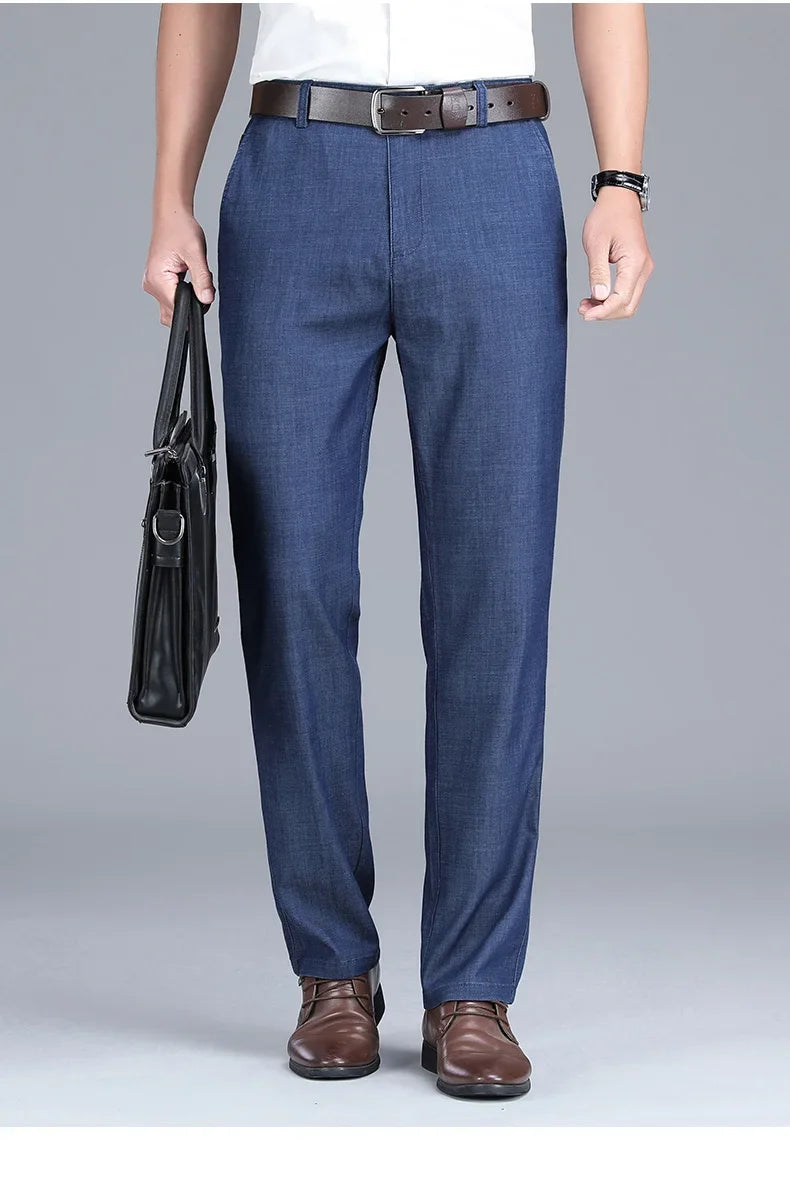 2024 New Men's Thin Lyocell Fabric Loose Jeans Light Blue Business Fashion Stretch Denim Trousers Male Clothing Brand Pants