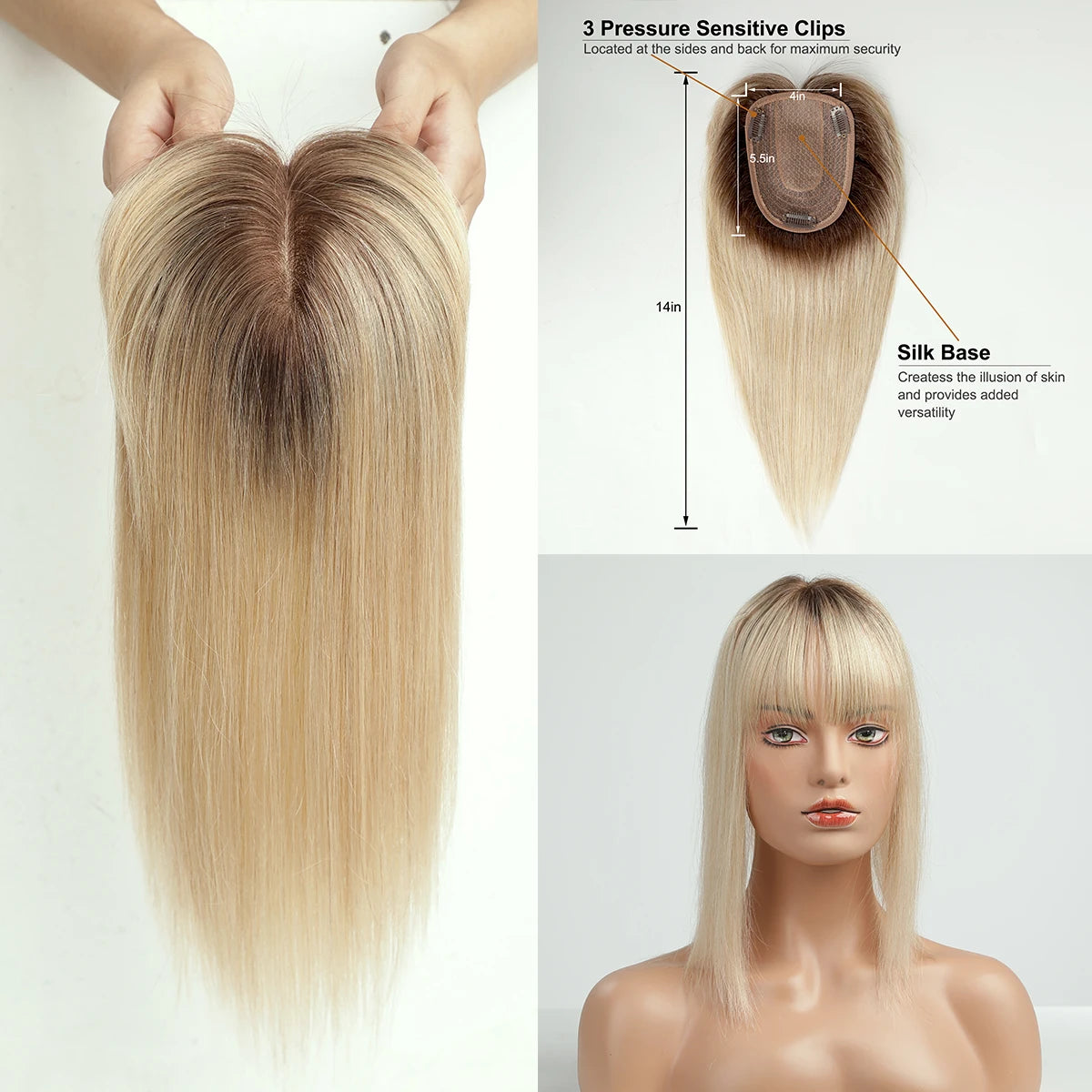 14 Inch Brown Silk Base Remy 100%Human Hair Toppers Clip-In Top Hairpiece for Women Natural Straight Hair Extensions