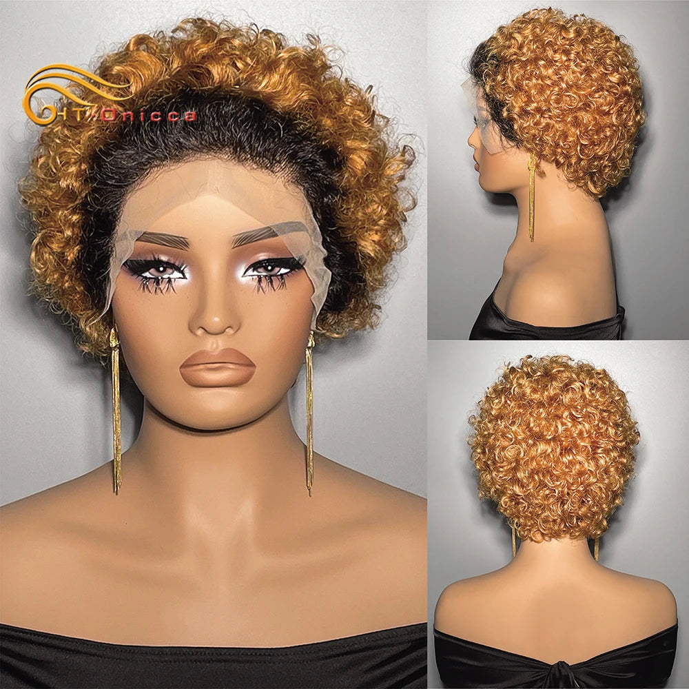 Curly Human Hair Wig Short Bob Pixie Cut Wig Human Hair For Women Brazilian Water Wave 13x1 Transparent Lace Wig