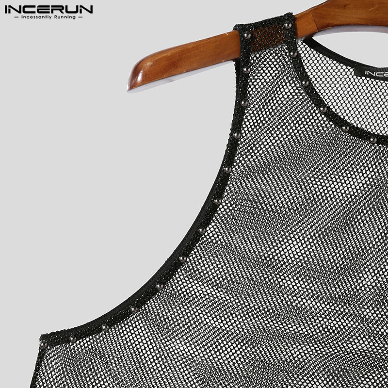 2025 INCERUN Sexy Tops Summer Sleeveless Mesh See-through Tank Tops Streetwear Oversized Tee Men's Clothing