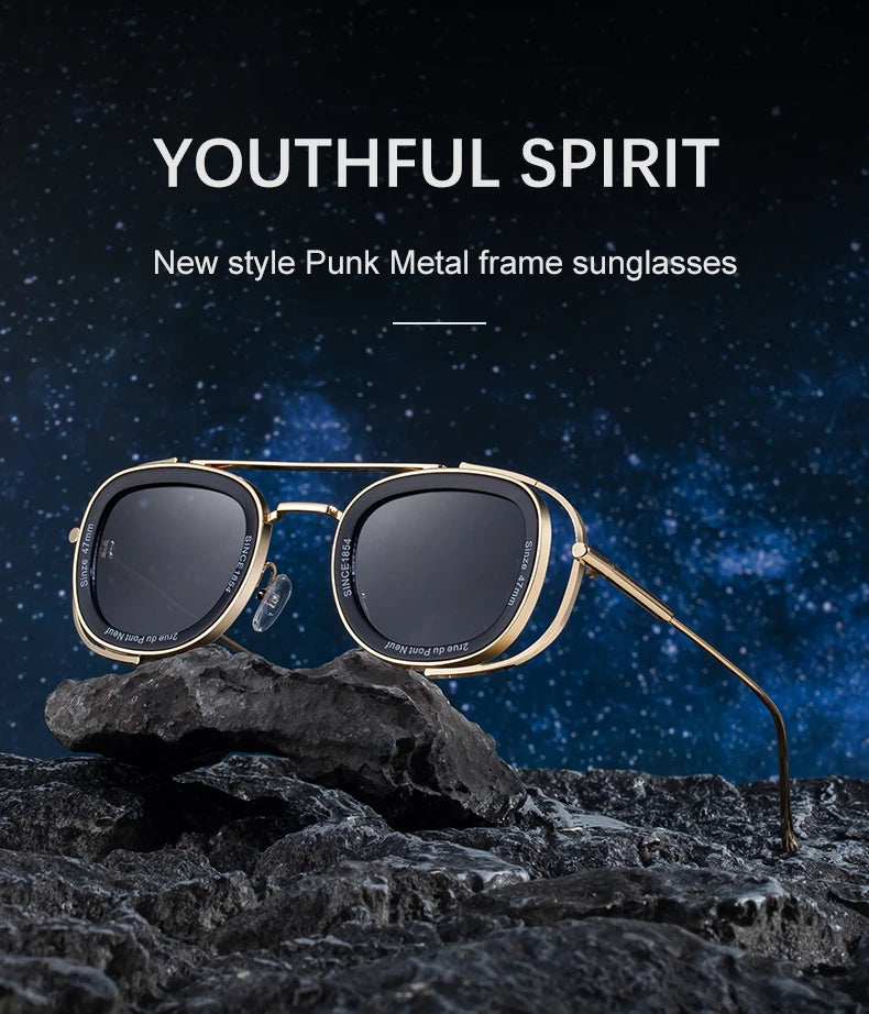 Steampunk Square Pilot Sunglasses Men 2025 Luxury Brand Retro Metal Frame Sun Glasses For Male Double Beam Eyewear UV400 Shades