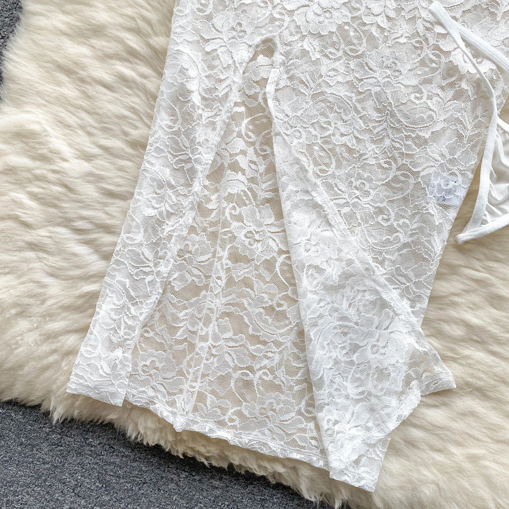 SINGREINY Summer France Sensual Night Dress Erotic Hollow Out Camis Lingerie Nightwear Women Split Slim Sheer Lace Pajamas Dress