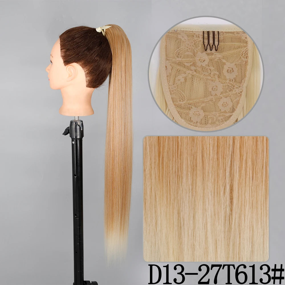 LISI GIRL Synthetic 34" 22" Long Straight Ribbon Fake Ponytails Clip on Hair Tail Extensions Black Hair Pieces With Hairpins