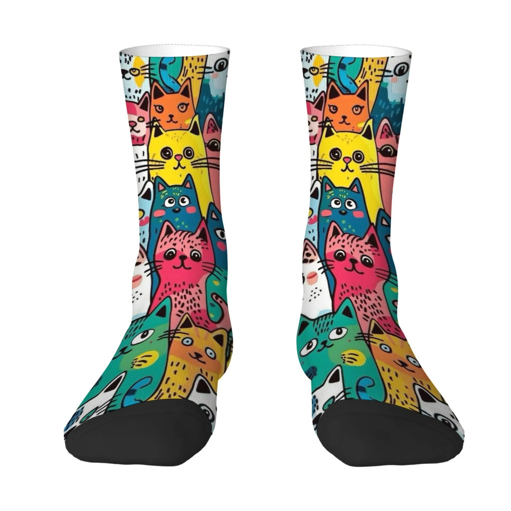 Cute Cartoon Cat Happy Men's Socks Harajuku Style Novelty Funny Hip-Hop Socks Comfortable Breathable Casual Sports Fashion Socks